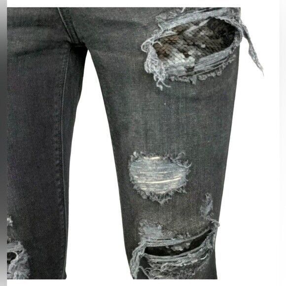 EXPRESS Jeans Women's 2 Skinny Legging Mid-Rise Black Distressing w Sequins - Picture 7 of 10